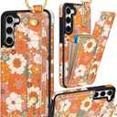 Petitian for Samsung Galaxy S23 Case with Wallet - Women Girls Cute Girly Aesthetic Unique Design Leather Credit Card Holder Cardholder Stand Wristband for S23, Orange Floral