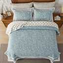 FineStichery Oversized Quilt Bedspread Coverlet Set, 102"x120" 100% Cotton Extra Large Quilt, Botanical Pattern, Lightweight Quilted Reversible Bedding Set with 2 Pillow Shams, Teal/Beige