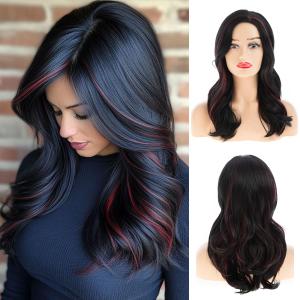 Dsimeig Long Wavy Red Black Wigs for Women Synthetic Side Part Natural Heat Resistant Party Cosplay Hair Wig