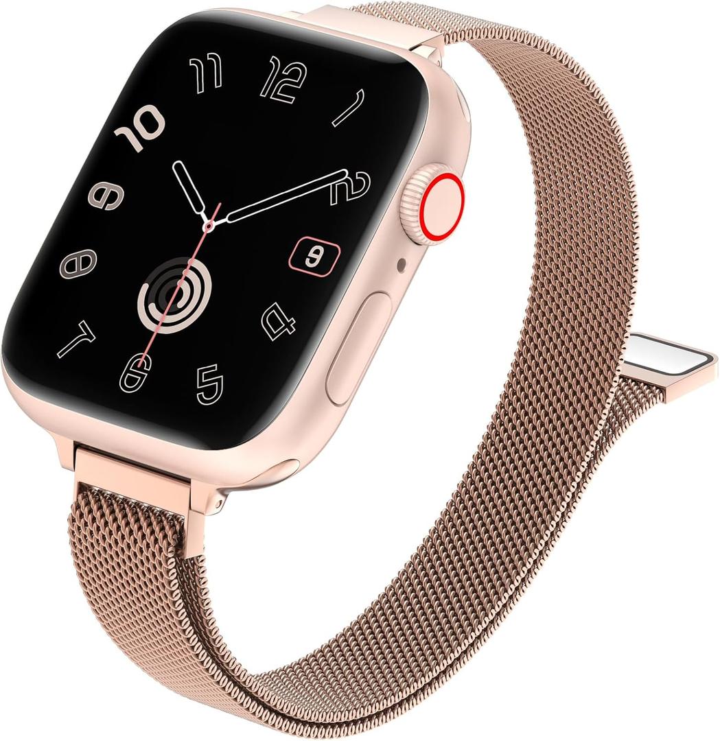 MARGE PLUS Slim Milanese Loop Compatible with Apple Watch Band for women 41mm 40mm 38mm 42mm 46mm 45mm 44mm, Stainless Steel Strap work on iWatch Series 11 10 9 8 7 6 5 4 3 & SE 3 2 1 (champagne gold)