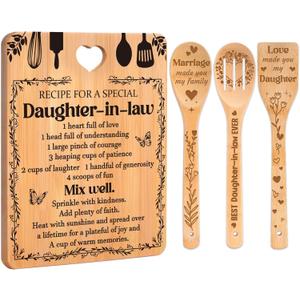 Gifts for Daughter in Law - "Recipe for a Special Daughter-in-Law" Daughter in Law Birthday Gifts Cutting Board Set, Bamboo-Made Engraved Utensil Set Birthday Gifts for Daughter in Law