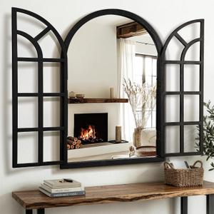 Arched Wall Mirror with Windowpane, 26"x38" Black Wood Mirror for Wall