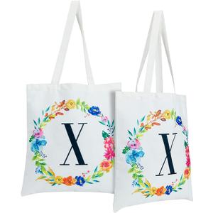 Set of 2 Reusable Monogram Letter Personalized Tote Bags for Women, Floral Design (29 Inches)