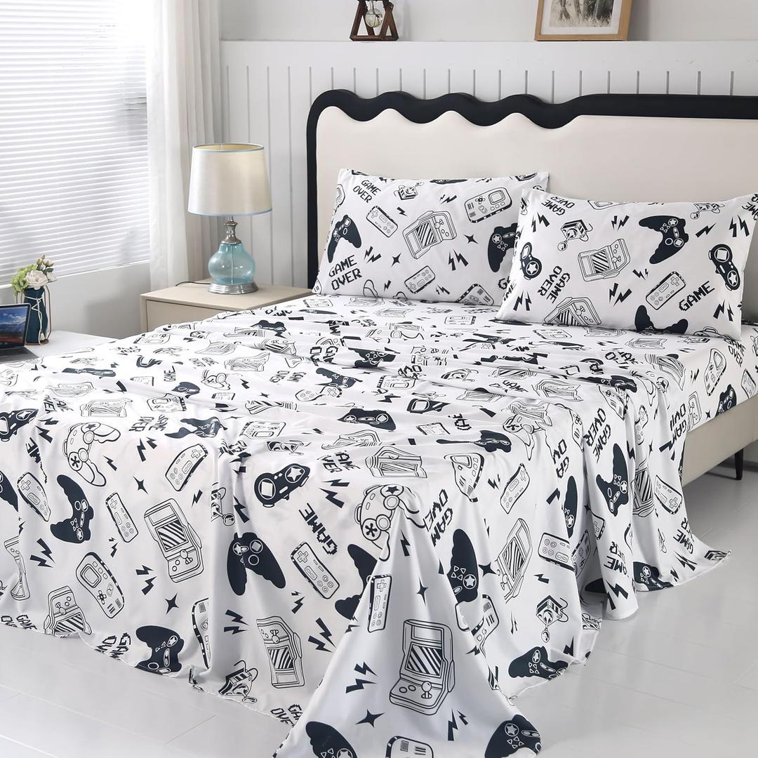 SDIII 4PCS Black and White Gamer Bedding Sheet Sets for Boys Girls Teens and Kids, Bed in a Bag Full Sheet Set, Video Game Bed Sheet Set on Amazon, Full