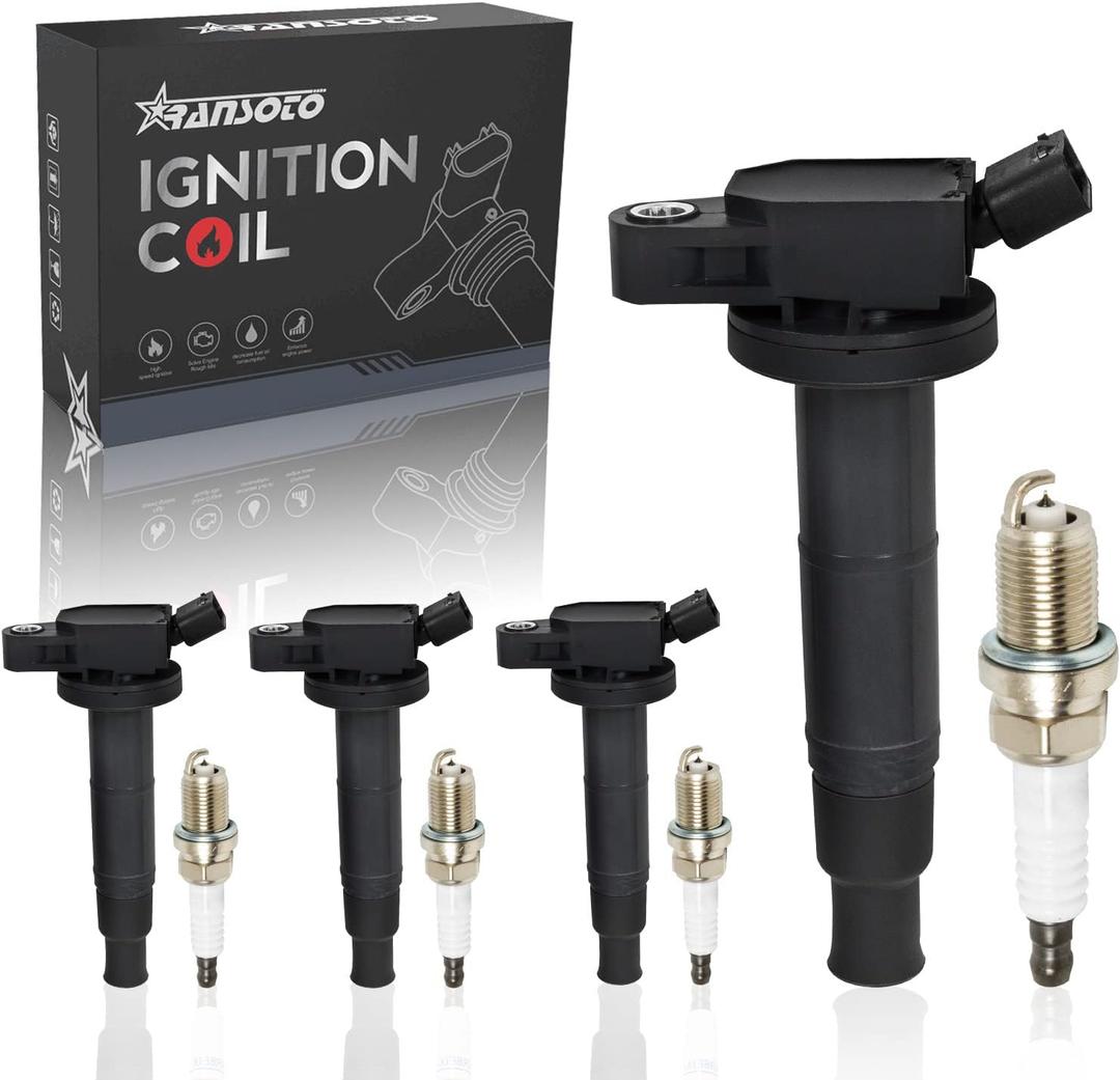 RANSOTO Ignition Coil Pack UF333 & Iridium Spark Plugs 7092 Compatible with 2001-2012 Scion tC xB Toyota Camry Corolla Highlander Matrix RAV4 Solara Lexus HS250h 2.4L Set of 4