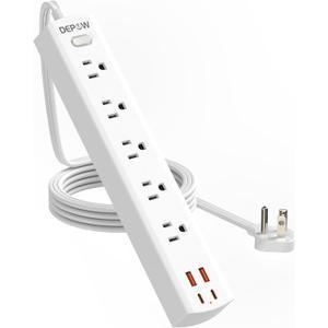 Power Strip Surge Protector with 5 AC Outlets(1875W/15A) 4 USB Ports (2 USB C), 5 Ft Ultra Thin Extension Cord, Low Profile Flat Plug, 1700 Joules, Wall Mount for Home Office, White