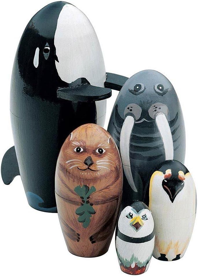 Bits and Pieces - "Willy and Friends - Matryoshka Dolls - Wooden Russian Nesting Dolls - Sea Life Animal Figurines - Whale, Walrus, Penguin - Stacking Dolls Set of 5