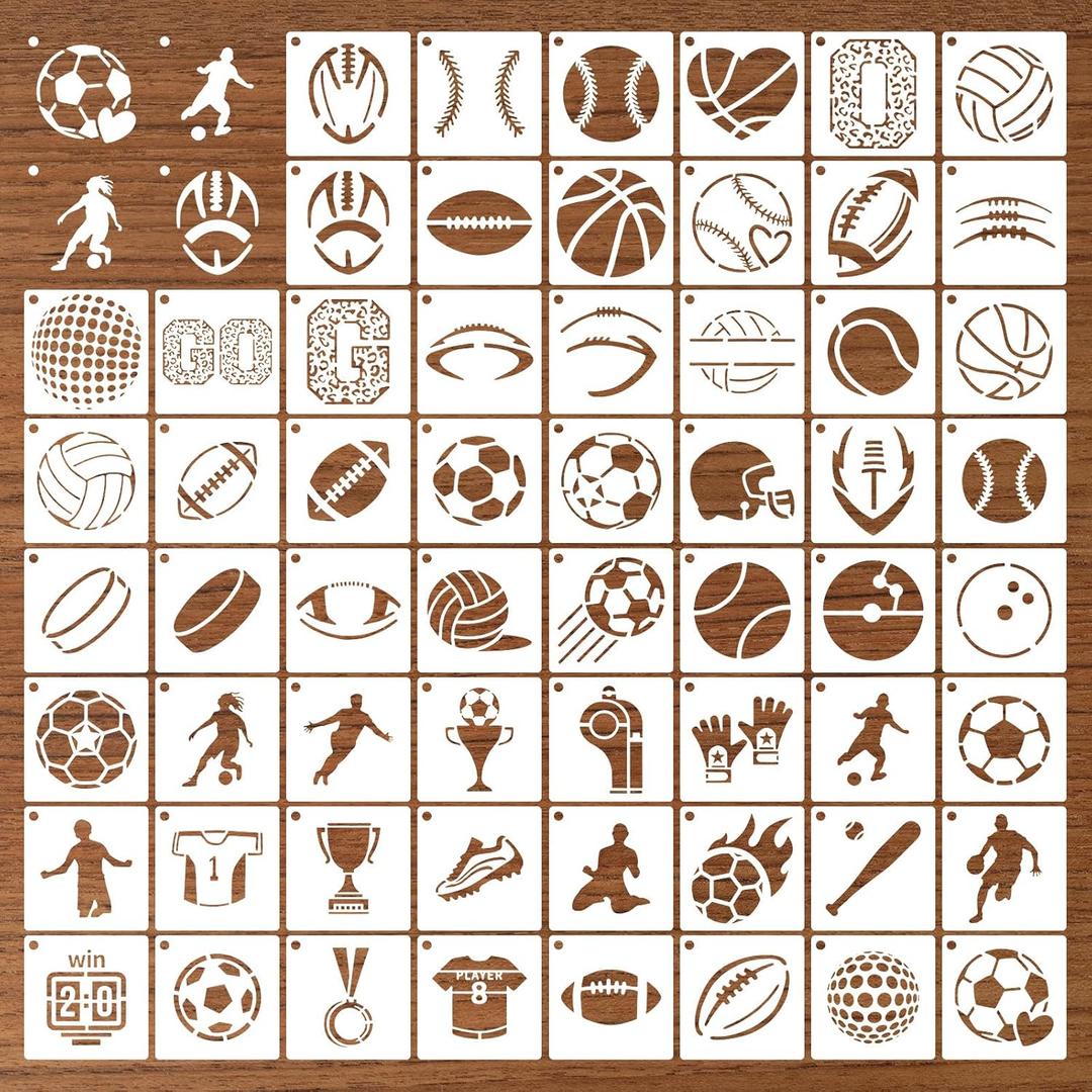 60Pcs Sport Stencils for Crafts on Wood Burning Patterns, 3*3 Inch Football Volleyball Reusable Wall Stencils for Painting, Art Painting on Wood Wall Canvas Template for DIY Canvas Art Projects Walls
