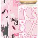 Halloween Ghost Cups - Cute Halloween Gifts Boo Basket Stuffers for Women, Teens, Kids - 16oz Glass Iced Coffee Cups w/Lids and Straws - Pink Teen Girl Gifts Trendy Stuff Party Favors