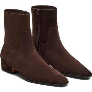 Coutgo Womens Booties Low Heel Ankle Boots Square Pointed Toe Chunky Heel Side Zipper Dressy Fall Boots Shoes (7.5, Chocolate)