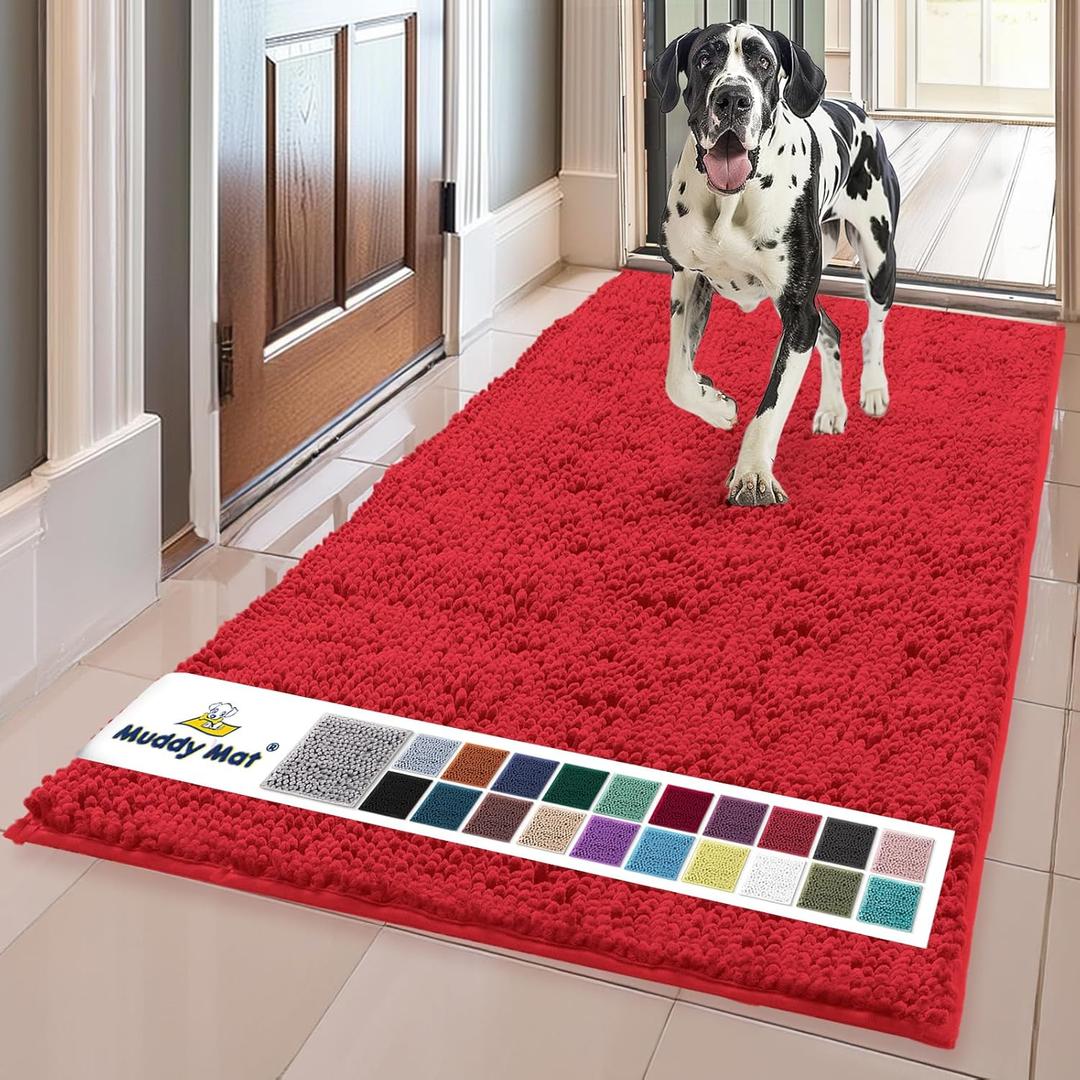 Muddy Mat® | Super Absorbent Door Mat Indoor, Microfiber Quick Dry Chenille Entryway Rug, Non-Slip Front Door Mat, Indoor Mats for Entryway, Machine Washable Pet Rug, Red 24" x 72"