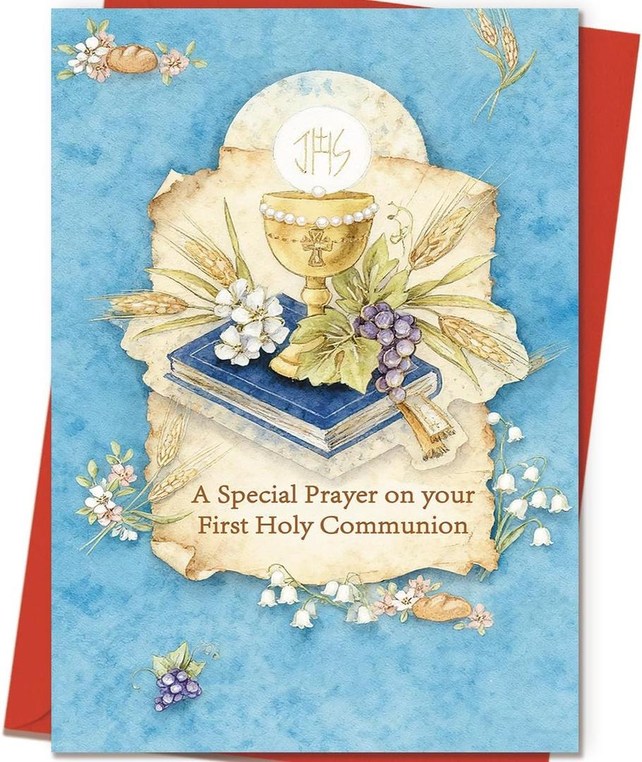 3 x First Holy Communion Prayer Card, Catholic Communion Gift for Boys and Girls, Blue Chalice Design