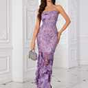 Women's 3D Floral Embroidery Dress Sheer Mesh Square Neck Lace Bodycon Party Cocktail Mini Dress (Purple, L)