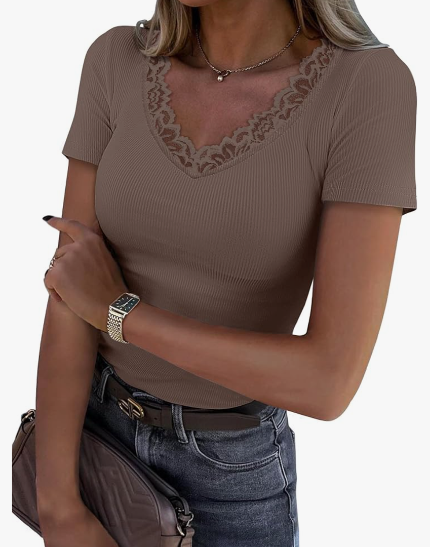 Women Short Sleeve Lace V Neck Shirts Ribbed Knit Fitted Basic Tee Tops Business Dressy Casual Summer Blouses T-Shirt, L