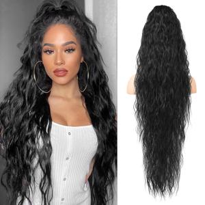 LONAI Ponytail Extension, 34" Black Long Wavy Drawstring Ponytail Extensions, DP001 Softer Lighter 80% Japanese Import Synthetic Clip in Hairpiece Natural Looking Hairpiece for Women-Black