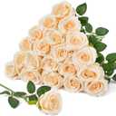 Serwalin 20pcs Artificial Roses, 4'' Big Flower Head, Champagne Velvet Silk Roses, Fake Roses Long Stem Realistic Bouquet for Wedding Table Centerpiece