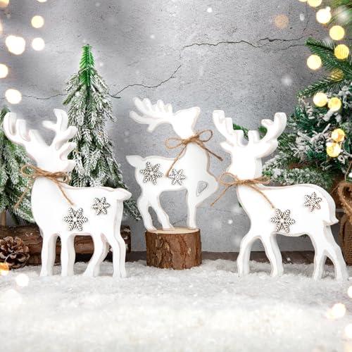 3Pcs Cute Christmas Tiered Tray Decor Indoor, Wooden Farmhouse Reindeer Christmas Tabletop Decorations Xmas Centerpiece, Rustic Reindeer Sign Standing Elk Decor for Home Shelf (White)