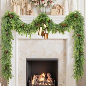 6 FT Christmas Cedar Garland, Real Touch Realistic Greenery Pine Garland for Mantle, Artificial Norfolk Pine with Lights for Stairs Railing Indoor Outdoor Christmas Decoration (1 Pack)