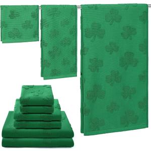 Peryiter 3 Pack Cotton St. Patrick's Day Bath Towels Set Green Clover Towels for Bathroom, Soft and Absorbent, Contains 1 Bath Cloth and 2 Washcloths