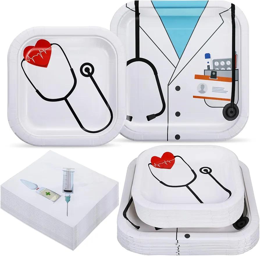 Maxcheck 200 Pcs Doctor Nurse Graduation Party Supplies Disposable Paper Plates and Napkins Dinnerware Serve 50 Dinner Plate Dessert Plate Napkin for Guests