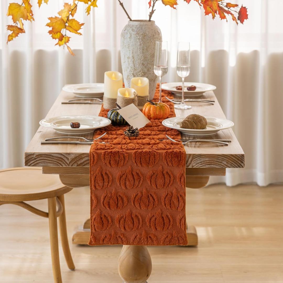 Fall Table Runner Rust Terracotta Soft Plush Faux Fur Velvet Pumpkin Autumn Harvest Cloth Dining Centerpiece Thanksgiving Decor for Home Kitchen Decoration 13 x 48 Inch