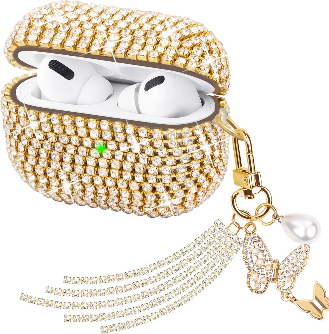 Compatible with AirPods Pro 2 Case Protective Glitter Cute Case for AirPod Pro 2nd Gen with Luxury Shining Keychain Lanyard Strap for Women Girls (Golden Butterfly Charm)