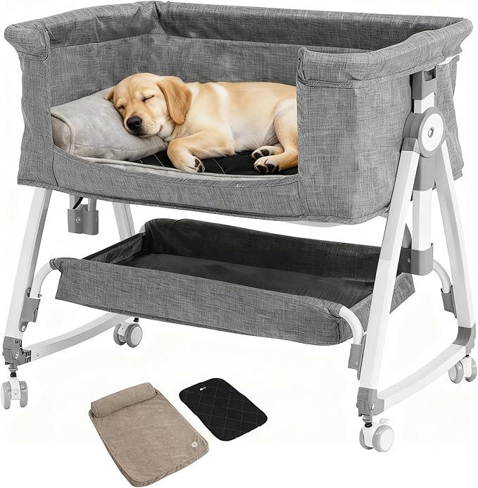 Bedside Dog Bed Co Sleeper- 6-Level Adjustable Elevated Dog Bassinet for Small Dogs & Cats UP to 15 Kg/33 lbs, Pet Bed Attachment to Human Bed, Lockable Wheels, 2 Removable & Washable Cushions