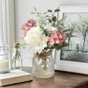 12" Artificial Silk Flowers with Glass Vase for Mom, Realistic Fake Flower Arrangement for Table Centerpiece, Boho Farmhouse Home Decor for Living Room, Kitchen, Office