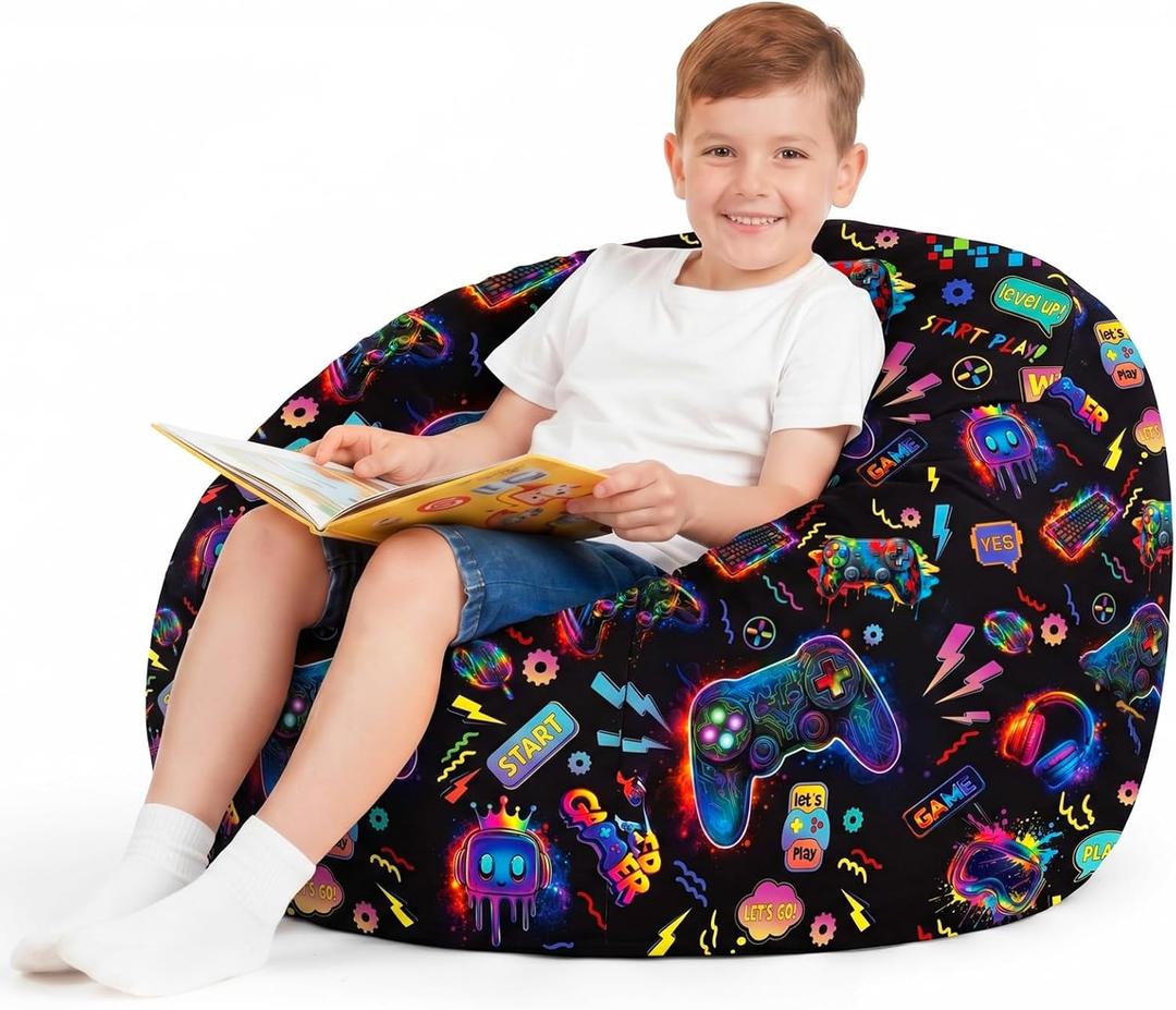 Boao 27'' Large Game Player Kids Bean Bag Chairs Cover (No Filling) Washable Stuffed Animal Storage Beanbag Chair for Kids Canvas Bean Bag Cover with Zipper for Boys Organizing Plush Toys Textile Sack