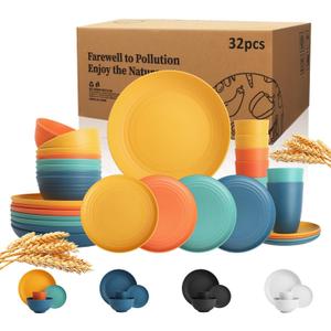 Wrova Wheat Straw Dinnerware Set of 32, Unbreakable Dinner Plates and Bowls Dishes Sets Service for 8,Dishwasher Safe Dinnerware Sets for Kitchen and Camping. Vibrant Series