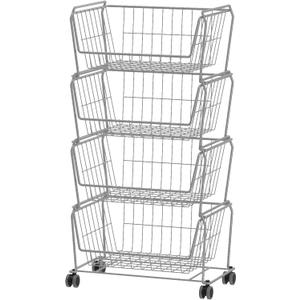 PUSDON Stackable Metal Storage Carts, Dual Use Shelf for Kitchen Fruit Vegetable Baskets with Wheels, Storage Rack for Living Room, Home & Office, Standard White 4 Tiers, 2 Pack