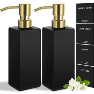 GMISUN Gold Soap Dispenser, Black Soap Dispenser Bathroom with Stainless Steel Pump, Hand and Dish Soap Dispensers Set for Kitchen, 12 fl oz/350ml Glass Liquid Refillable Lotion Dispenser Bottle