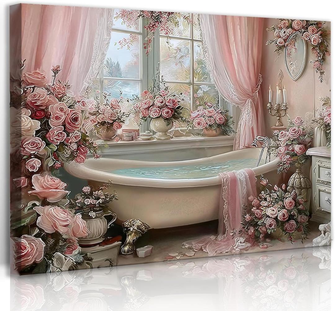 Frimeeme Vintage Pink Bathroom Canvas Wall Art, Pink Roses Bathtub Print, Luxury Floral Bathroom Decor, 12x16 Inches