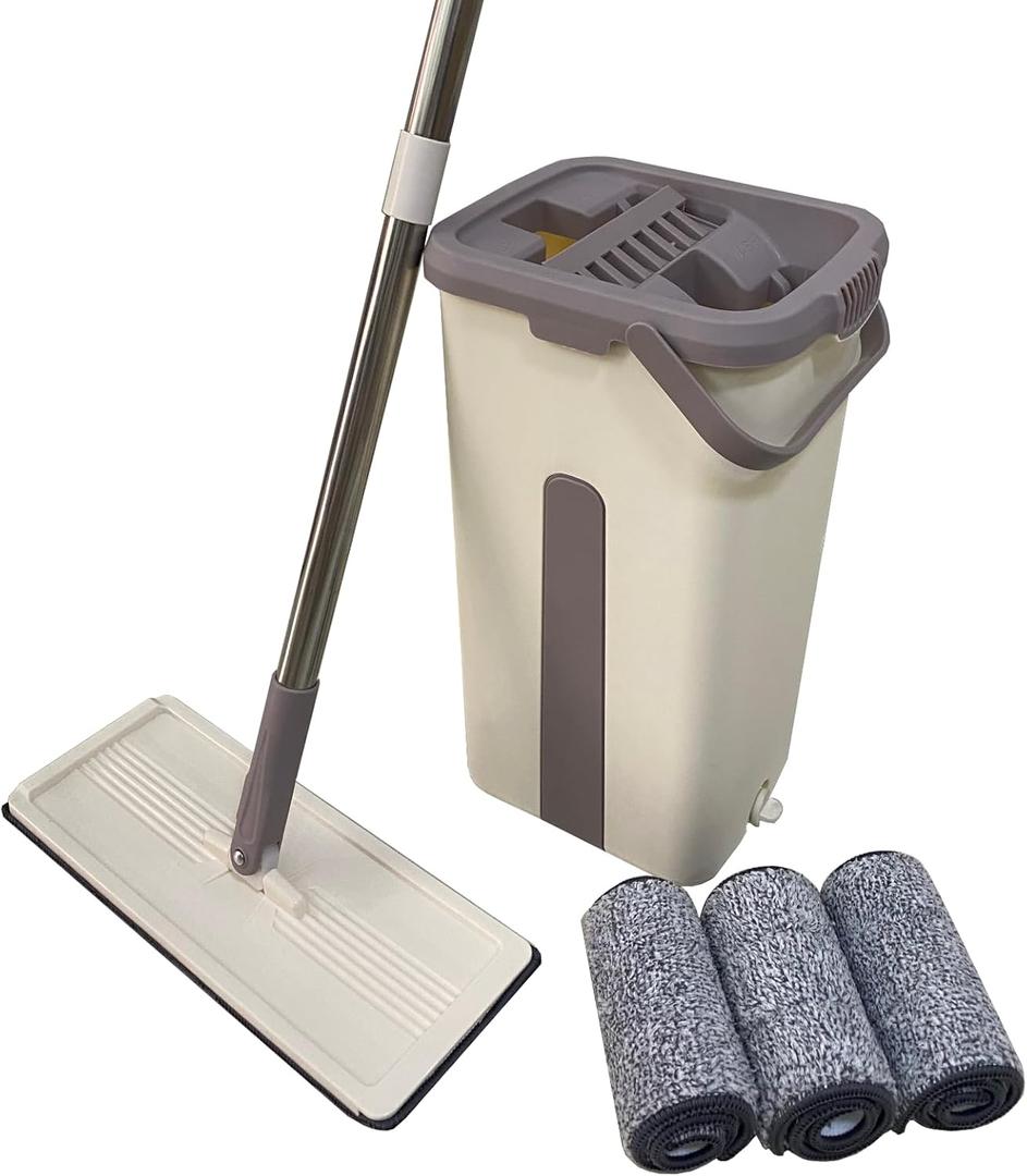 Flat Mop and Bucket with Wringer Set for Floor Cleaning, Separates Dirty and Clean Water, Wall Cleaner Mop, 4pcs Washable Microfiber Pads