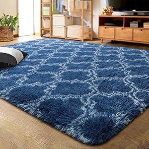 LOCHAS Luxury Shag Area Rug 8 x10 Feet Geometric Plush Fluffy Rugs, Extra Soft Carpet Runner Rugs for Bedroom Living Room Dorm Kids, High Pile Shaggy Floor Rug Decor, Light Navy/ White
