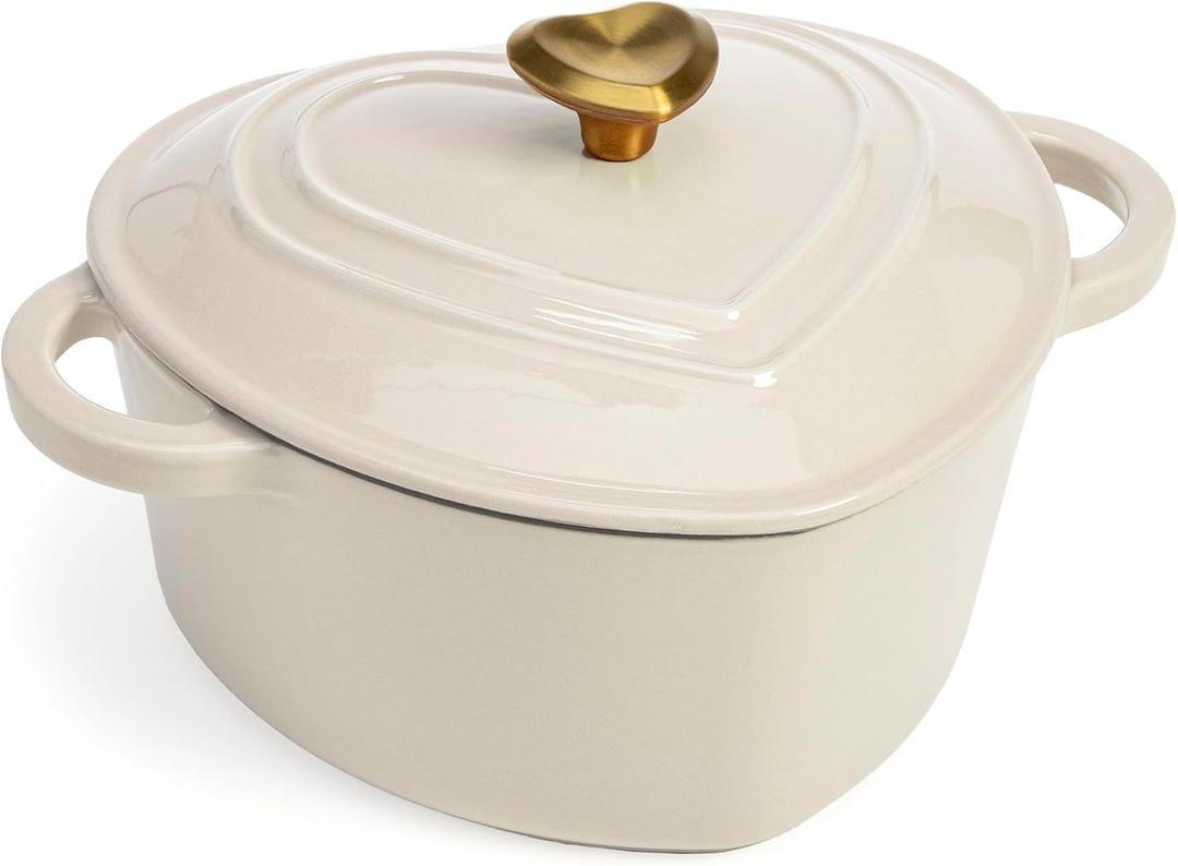 Paris Hilton Enameled Cast Iron Dutch Oven Heart-Shaped Pot with Lid, Dual Handles, Works on All Stovetops, Oven Safe to 500F, 4-Quart, Cream
