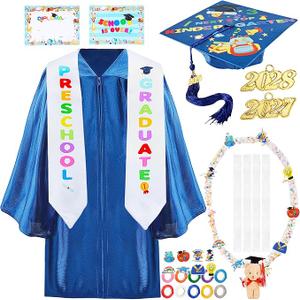 Preschool Graduation Cap and Gown with Tassel Stole Mini Graduation Bear 2 Certificate 8 Cards 4 Candy Lei, Size 27 (107-114 cm)