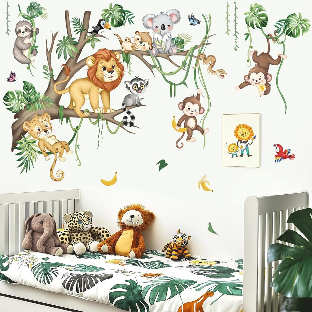 Decalmile Large Jungle Animals Tree Branch Wall Decals Safari Lion Leopard Koala Monkey Wall Stickers Living Room Baby Nursery Kids Room Wall Decor (XL)