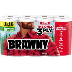 Brawny Tear-A-Square 3-Ply Paper Towels, 8 Double Rolls = 16 Regular Rolls, Strong, Absorbent, and Durable with 3 Sheet Sizes (Quarter, Half, Full)