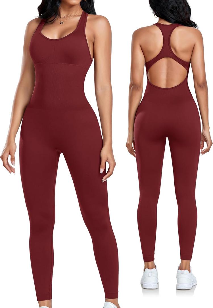 OLCHEE Womens Workout Jumpsuits Seamless Yoga Gym Bodycon Rompers Sexy Racerback Tummy Control Padded Bra Unitard (Red, XL)