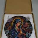 Virgin Mary & Flowers Stained Glass Window Hanging, 8" Round Religious Suncatcher for Indoor Window, Spiritual Birthday Gifts for Catholic Mother