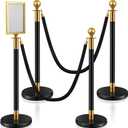 Ferraycle 4 pcs Stainless Steel Crowd Control Stanchion Velvet Ropes 5 ft Carpet Poles Hollow Base Crowd Control Barriers Velvet Ropes and Posts with Stanchion Sign Holder(Black Gold)