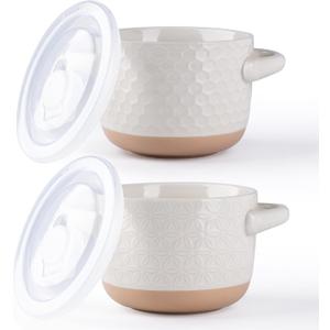 AmorArc 24 Ounces Soup Bowls with Large Handles and Lids, Stoneware Bowls Set of 2 for Soup,Stew, Noodle, Ceramic Kitchen Bowls With Embossed Patterns, Microwave&Dishwasher Safe, Light Beige
