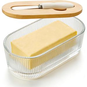 Glass Butter Dish With Lid For Countertop, Ribbed Glass Butter Dish With Bamboo Lid And Knife, Large Butter Container For East & West Coast Butter, Covered Butter Dishes For Refrigerator