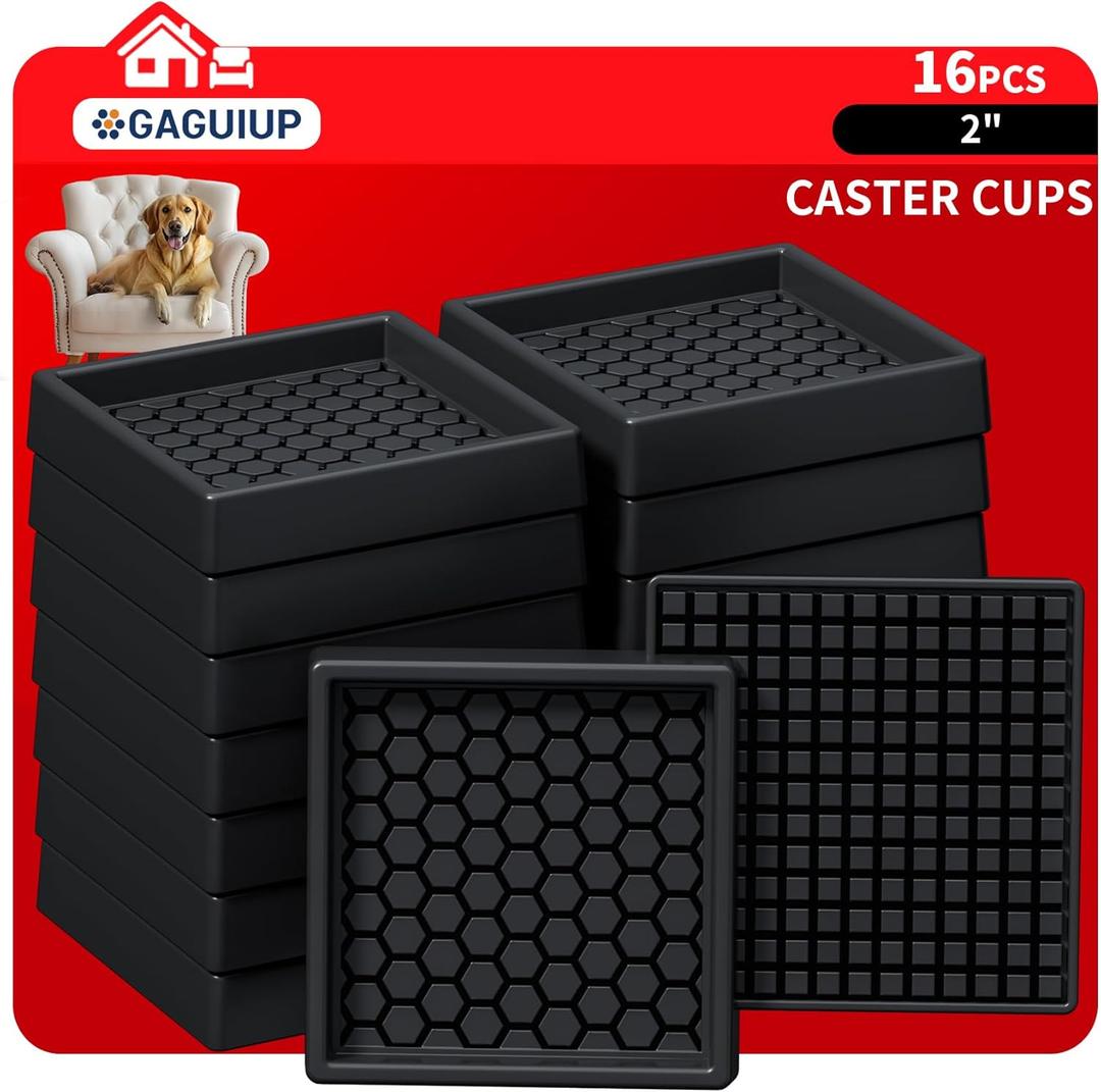 Non Slip Furniture Pads - 2x2 Anti Skid Caster Cups, 16PCS Square Furniture Coasters for Hardwood Floors, Anti Slide Furniture Cup Bed Floor Protectors, Furniture Stoppers to Prevent Sliding(Black)