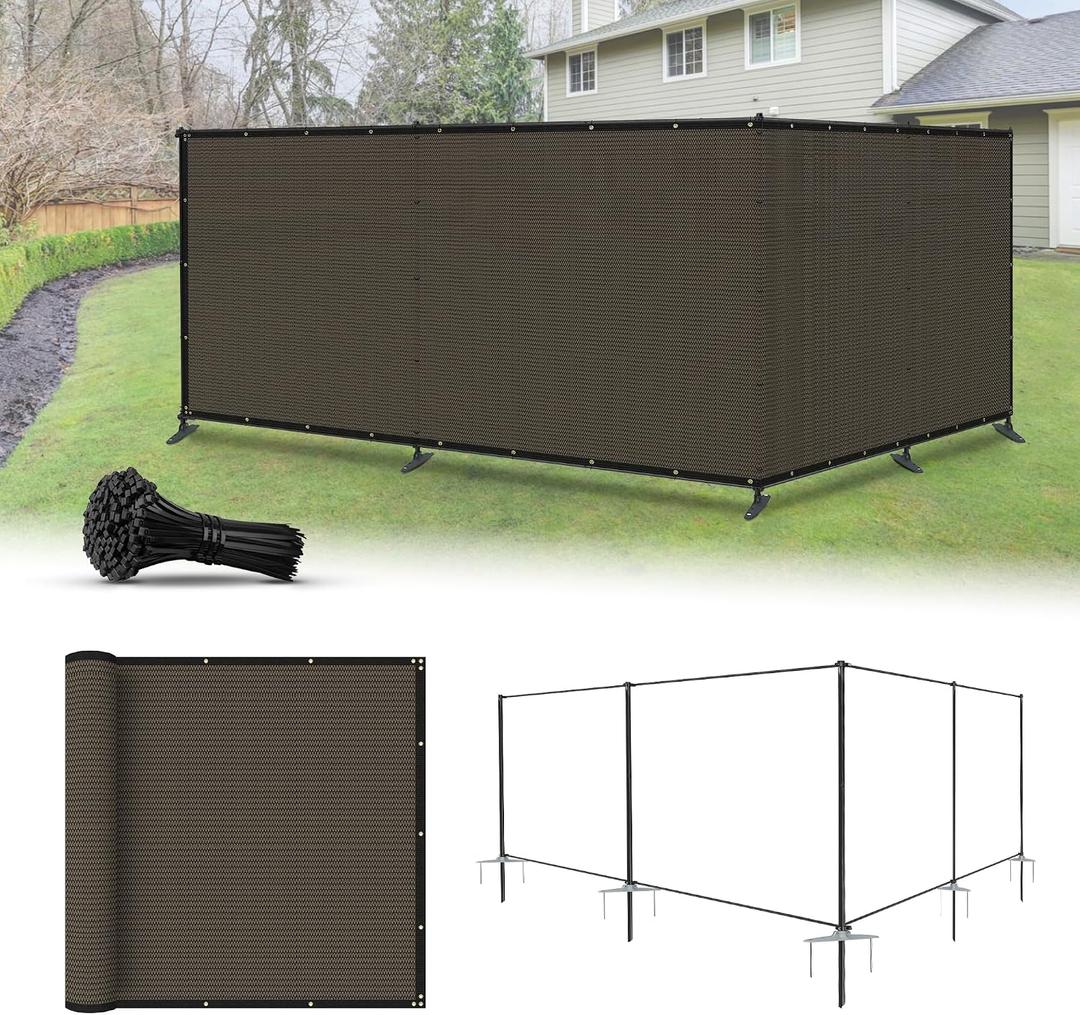 5' x 24' Privacy Fence Kit Freestanding Mesh Screen with Iron Poles Temporary Fencing Outdoor Patio Backyard Divider Dog Air Conditioner Trash Fence Brown