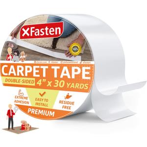 XFasten Double Sided Carpet Tape for Area Rugs 4 Inch x 30 Yards, Residue-Free Carpet Tiles Tape, Removable Heavy-Duty Rug Pad Gripper for Hardwood, Vinyl Flooring Underlayments, Laminate- Wood-Safe