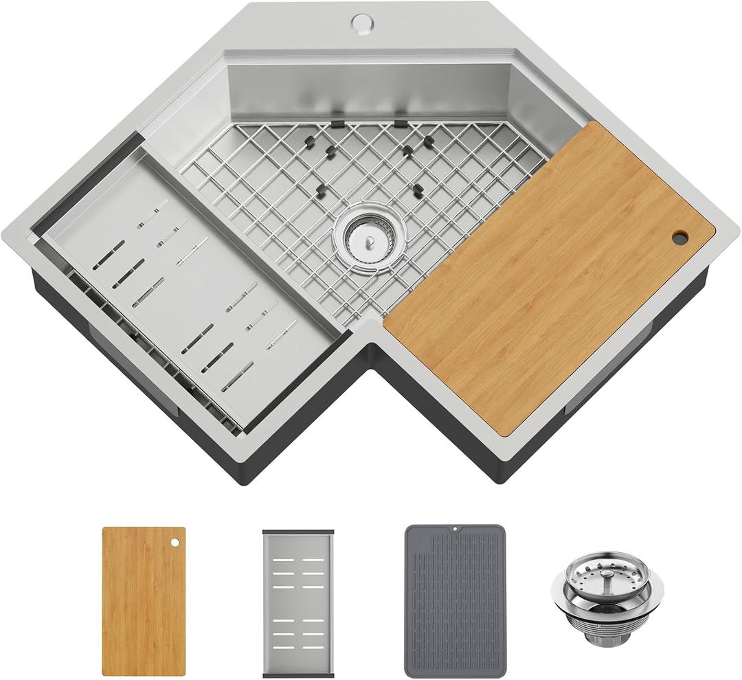30 In Corner Kitchen Sink Workstation-Stainless Steel Drop In Stylish&Modern Topmount Workstation Sink With Cutting Board, Bottom Grid,Silicon Mat,Colander Nice Solution For Small Kitchen Corner