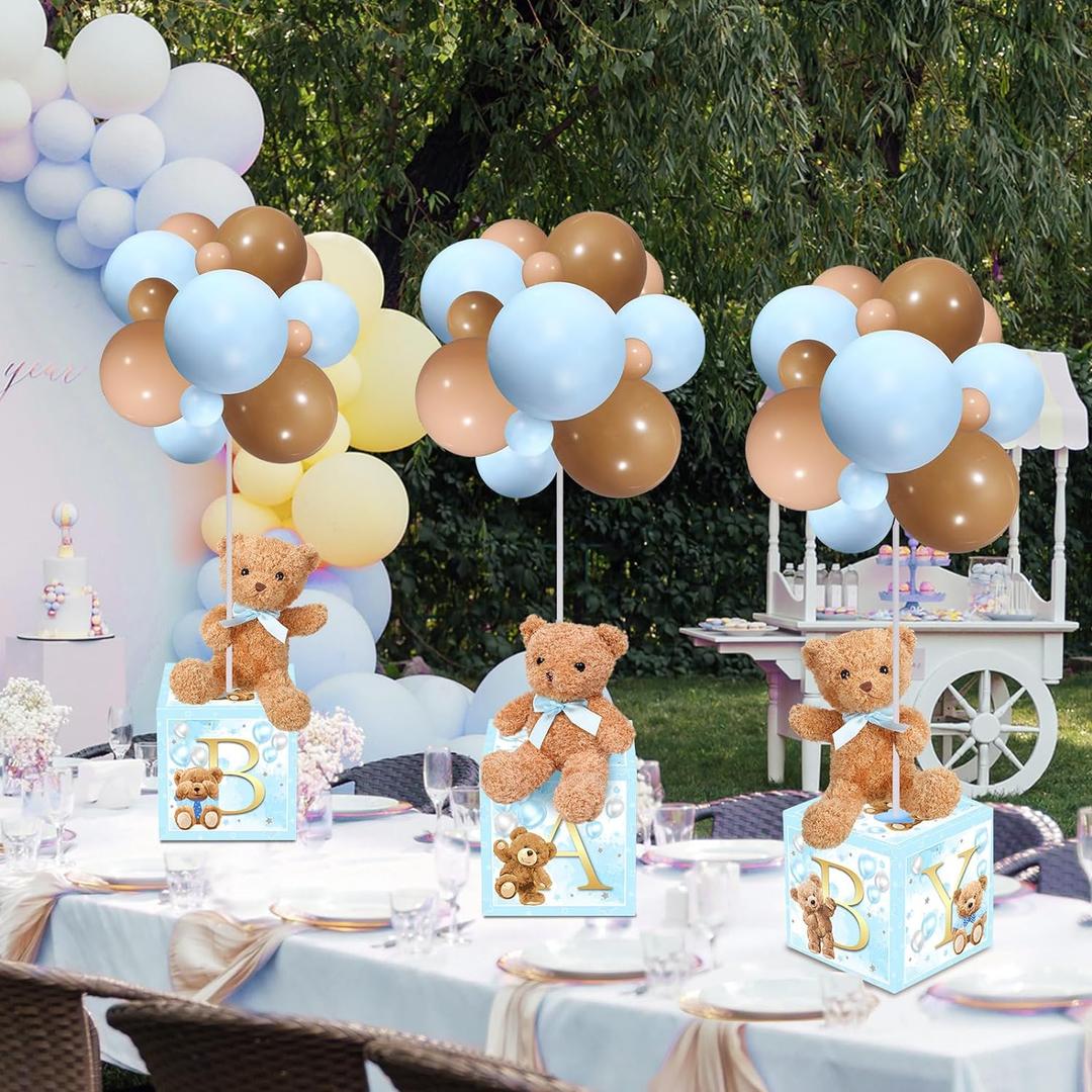 Lenwen 3 Sets Jungle Animal Decoration for Baby Shower Letter Boxes Baby Shower Table Centerpiece Stuffed Animals Balloon with Stand Plush Boxes for Party(Blue,Bear)