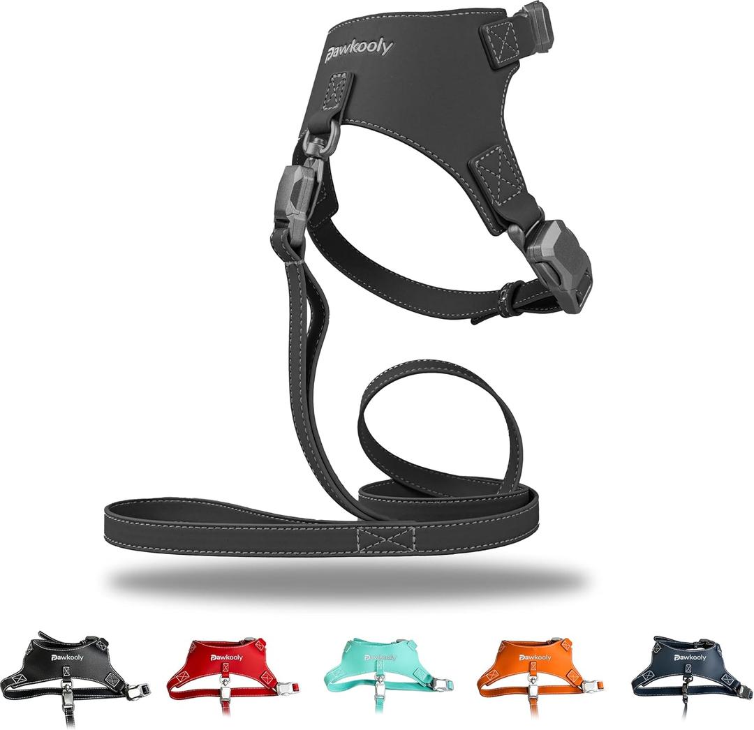 Magnetic Buckle Dog Leather Harness with 4 FT Leash | Anti-Wrinkle & Anti-Bite Leather | Ultra-Soft & Skin-Friendly | 450LB Escape-Proof Magease - Easy On/Off (Black, Small)